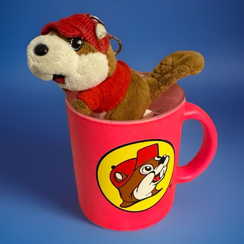 Buc-ee's Hot Pink Glass Coffee Mug w! Mini Buc-ee beaver keychain